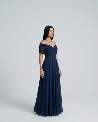 Viviane | Ruched V-Neck Chiffon Maxi Dress