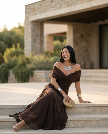 Viviane | Ruched V-Neck Chiffon Maxi Dress