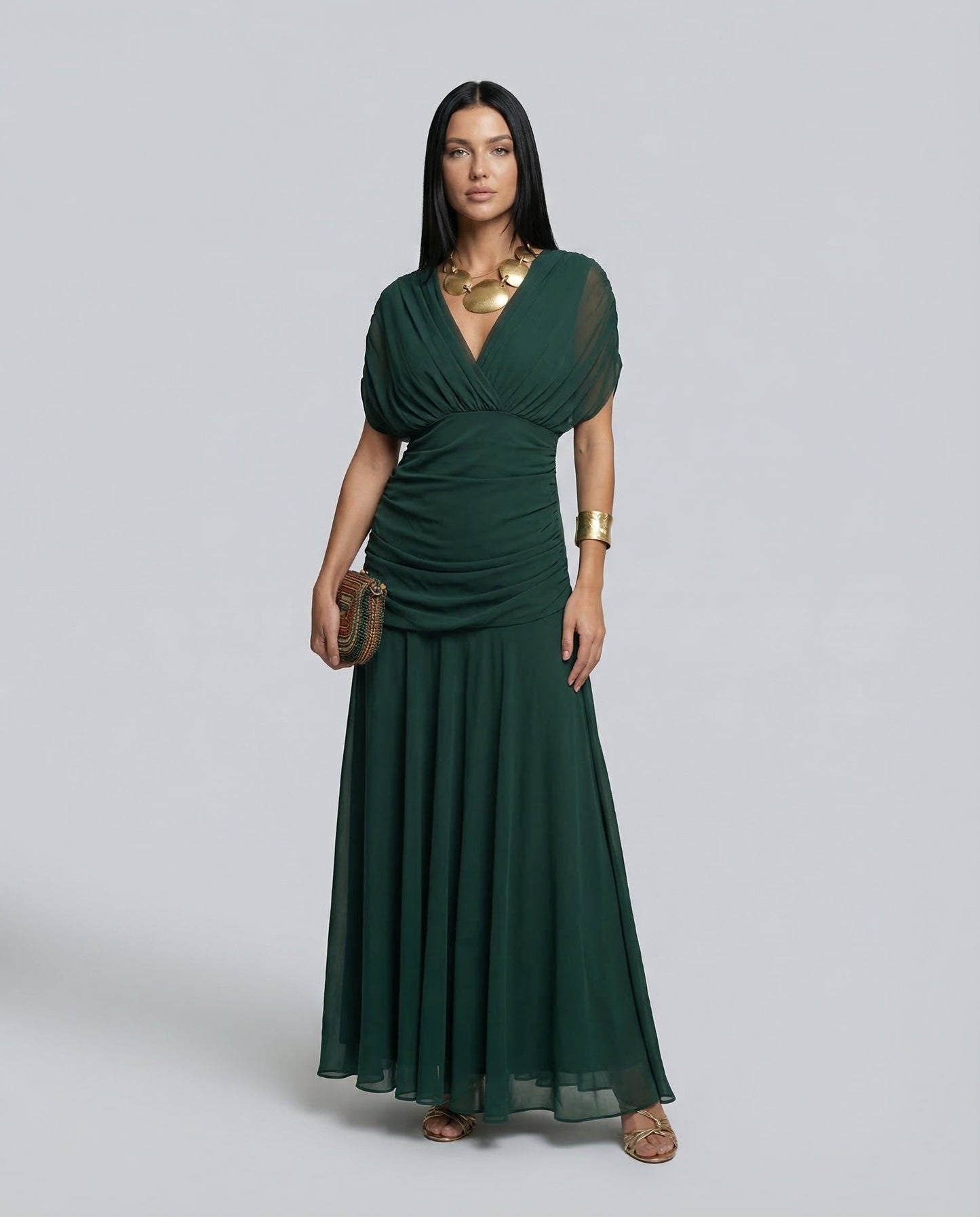 Viviane | Ruched V-Neck Chiffon Maxi Dress