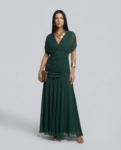 Viviane | Ruched V-Neck Chiffon Maxi Dress
