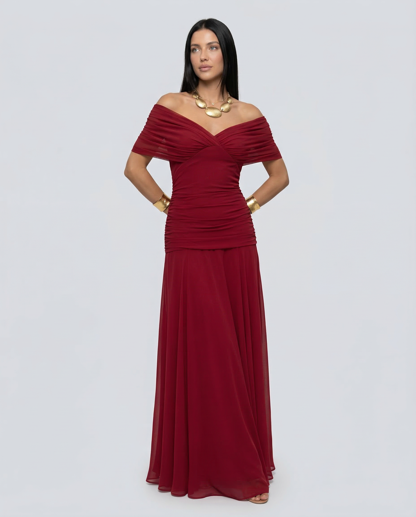 Viviane | Ruched V-Neck Chiffon Maxi Dress