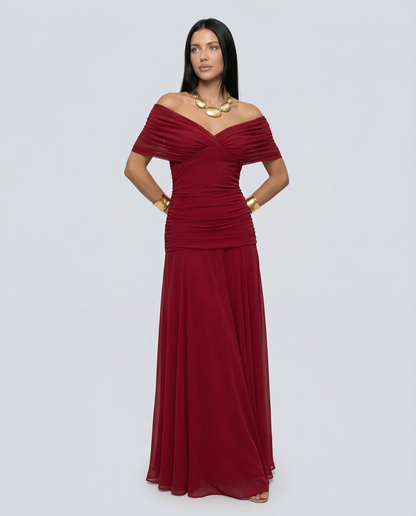 Viviane | Ruched V-Neck Chiffon Maxi Dress