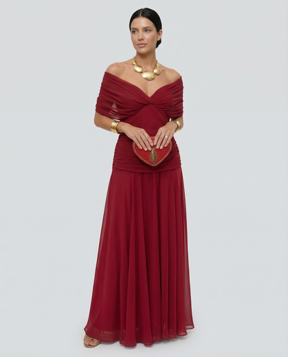 Viviane | Ruched V-Neck Chiffon Maxi Dress