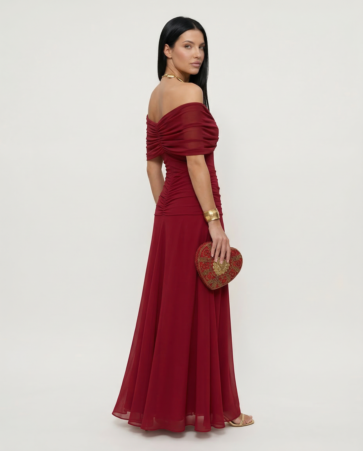 Viviane | Ruched V-Neck Chiffon Maxi Dress