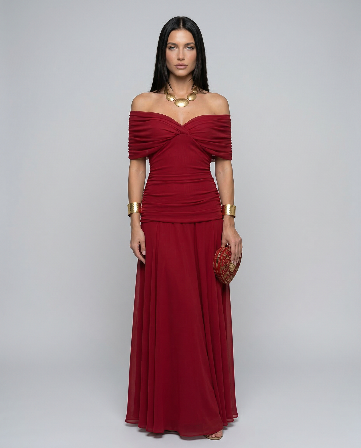 Viviane | Ruched V-Neck Chiffon Maxi Dress
