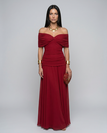 Viviane | Ruched V-Neck Chiffon Maxi Dress
