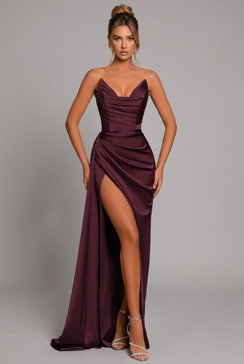 Alienor | Women's Ruched Satin Bodycon Maxi Dress