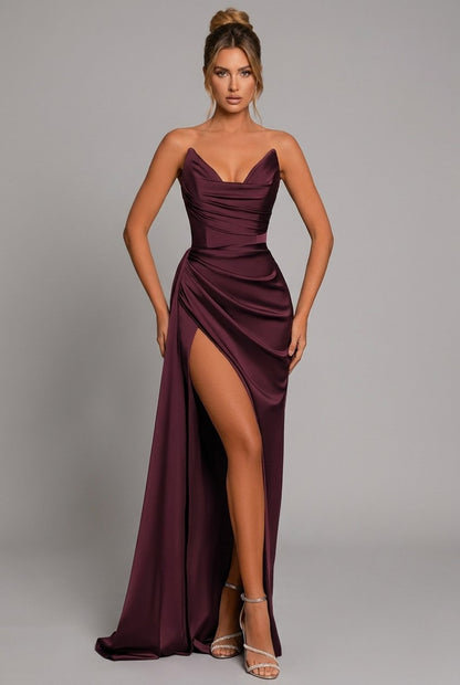 Alienor | Women's Ruched Satin Bodycon Maxi Dress