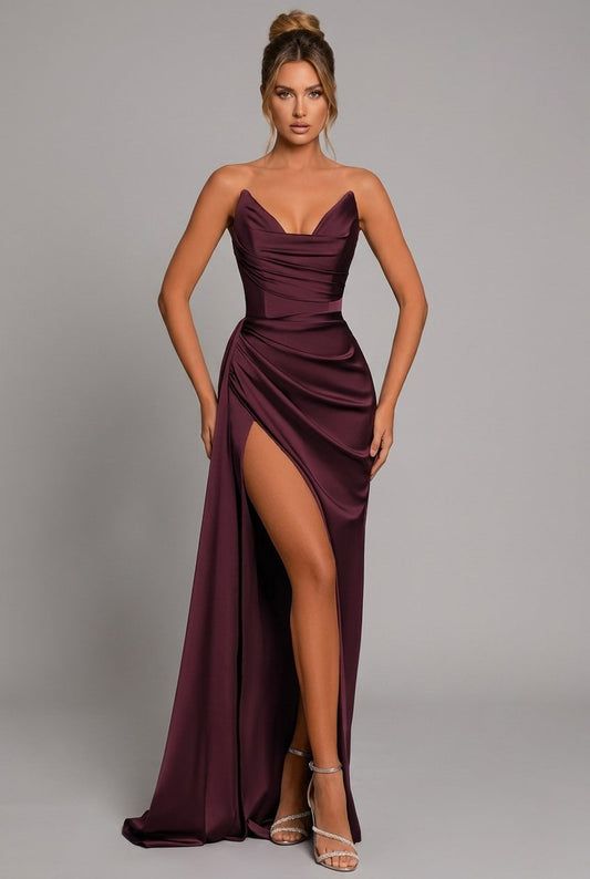 Alienor | Women's Ruched Satin Bodycon Maxi Dress