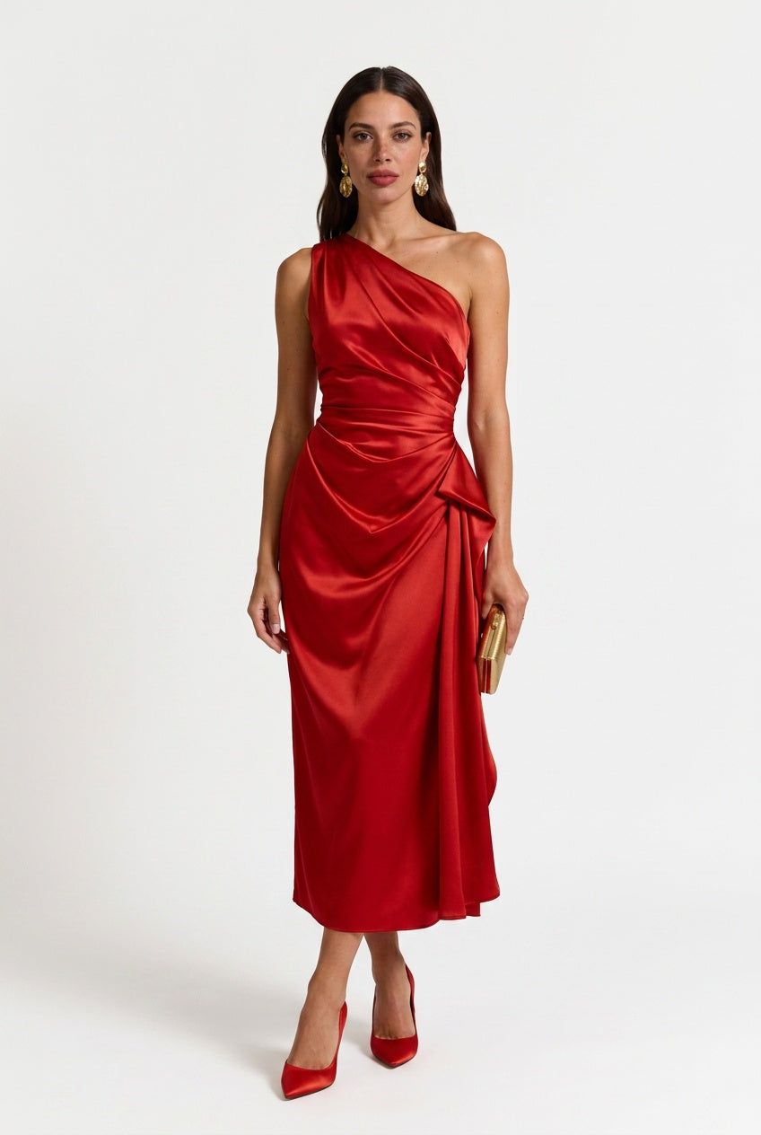 Gabrielle | Women's One Shoulder Ruched Midi Dress