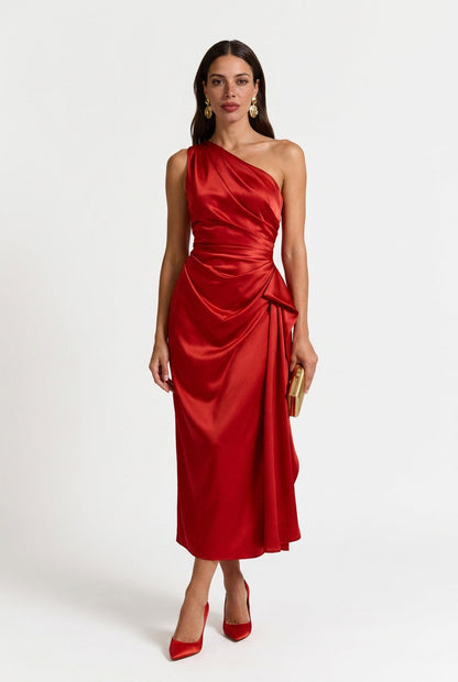 Gabrielle | Women's One Shoulder Ruched Midi Dress