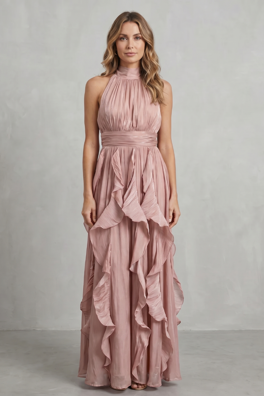 Camille | Women's Chiffon Halter Ruffle Maxi Dress