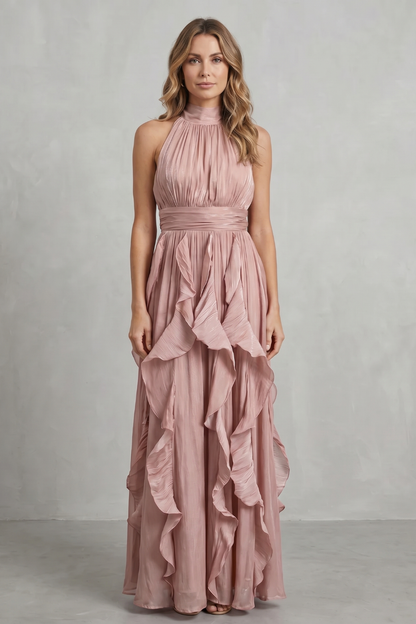 Camille | Women's Chiffon Halter Ruffle Maxi Dress