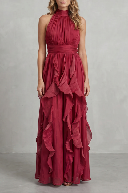 Camille | Women's Chiffon Halter Ruffle Maxi Dress