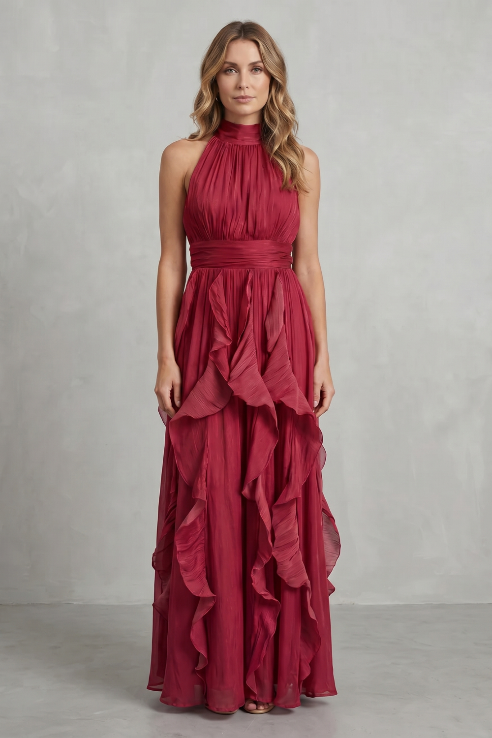 Camille | Women's Chiffon Halter Ruffle Maxi Dress