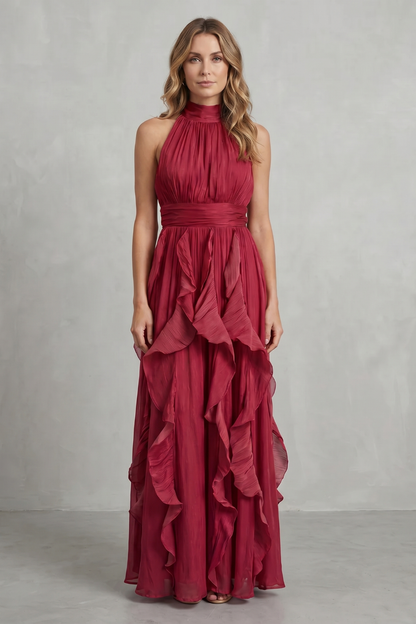 Camille | Women's Chiffon Halter Ruffle Maxi Dress