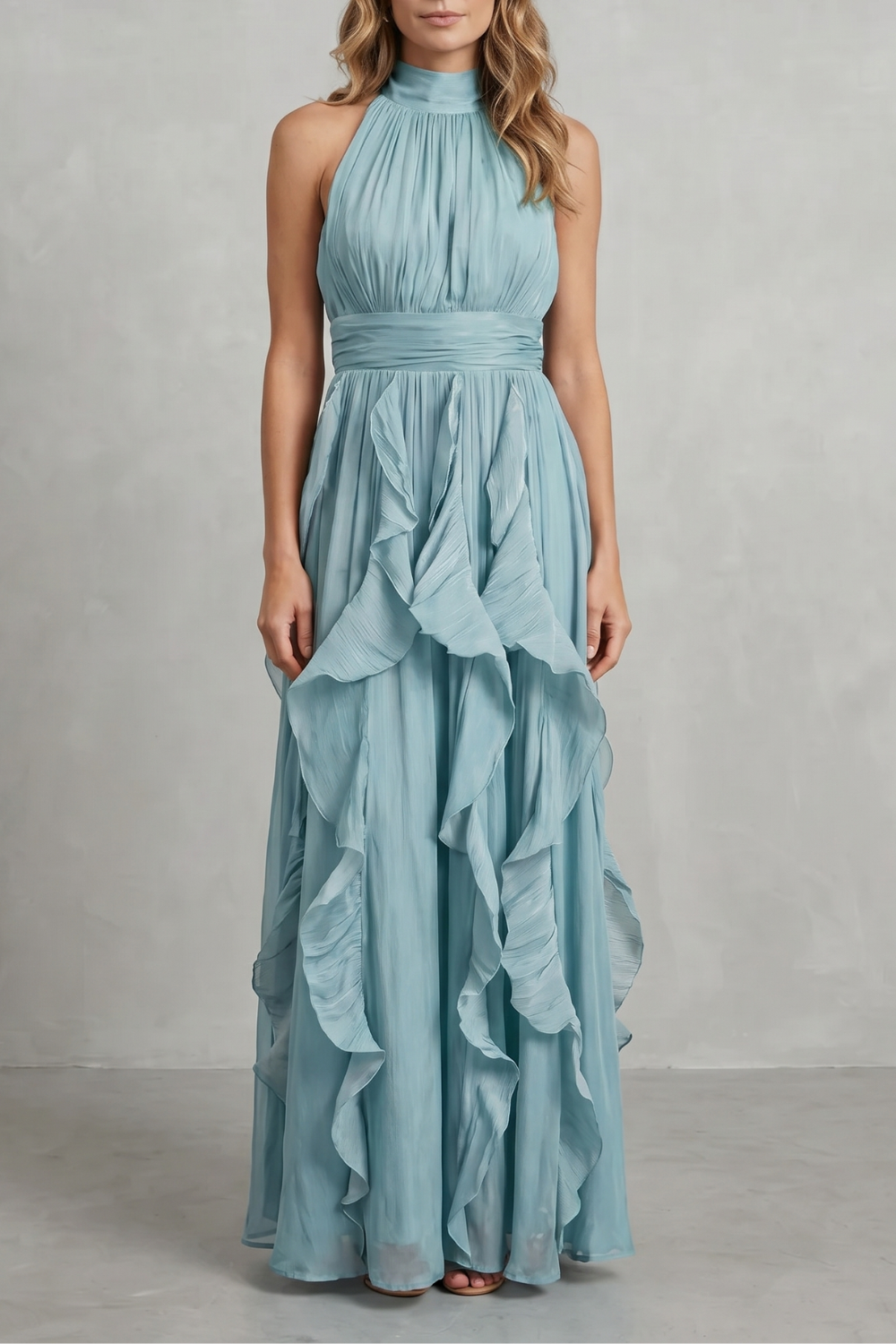 Camille | Women's Chiffon Halter Ruffle Maxi Dress