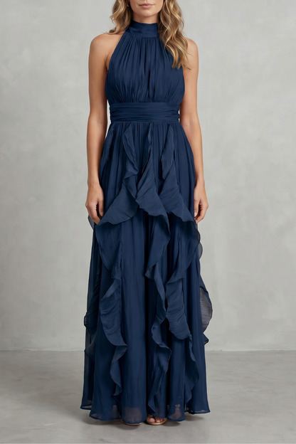 Camille | Women's Chiffon Halter Ruffle Maxi Dress