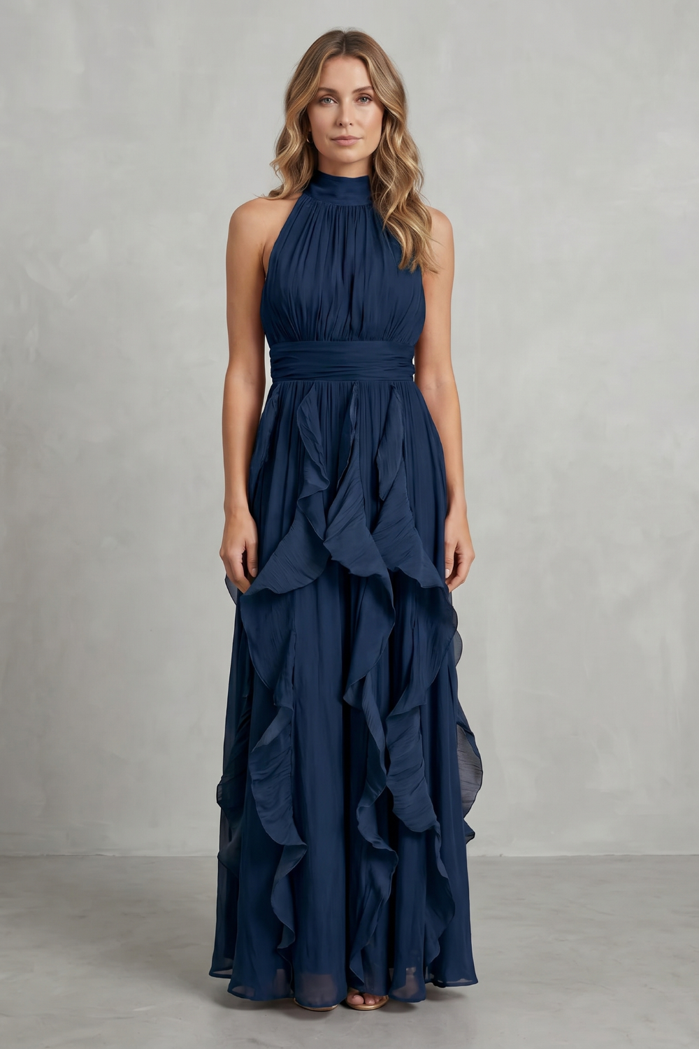 Camille | Women's Chiffon Halter Ruffle Maxi Dress
