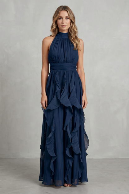 Camille | Women's Chiffon Halter Ruffle Maxi Dress