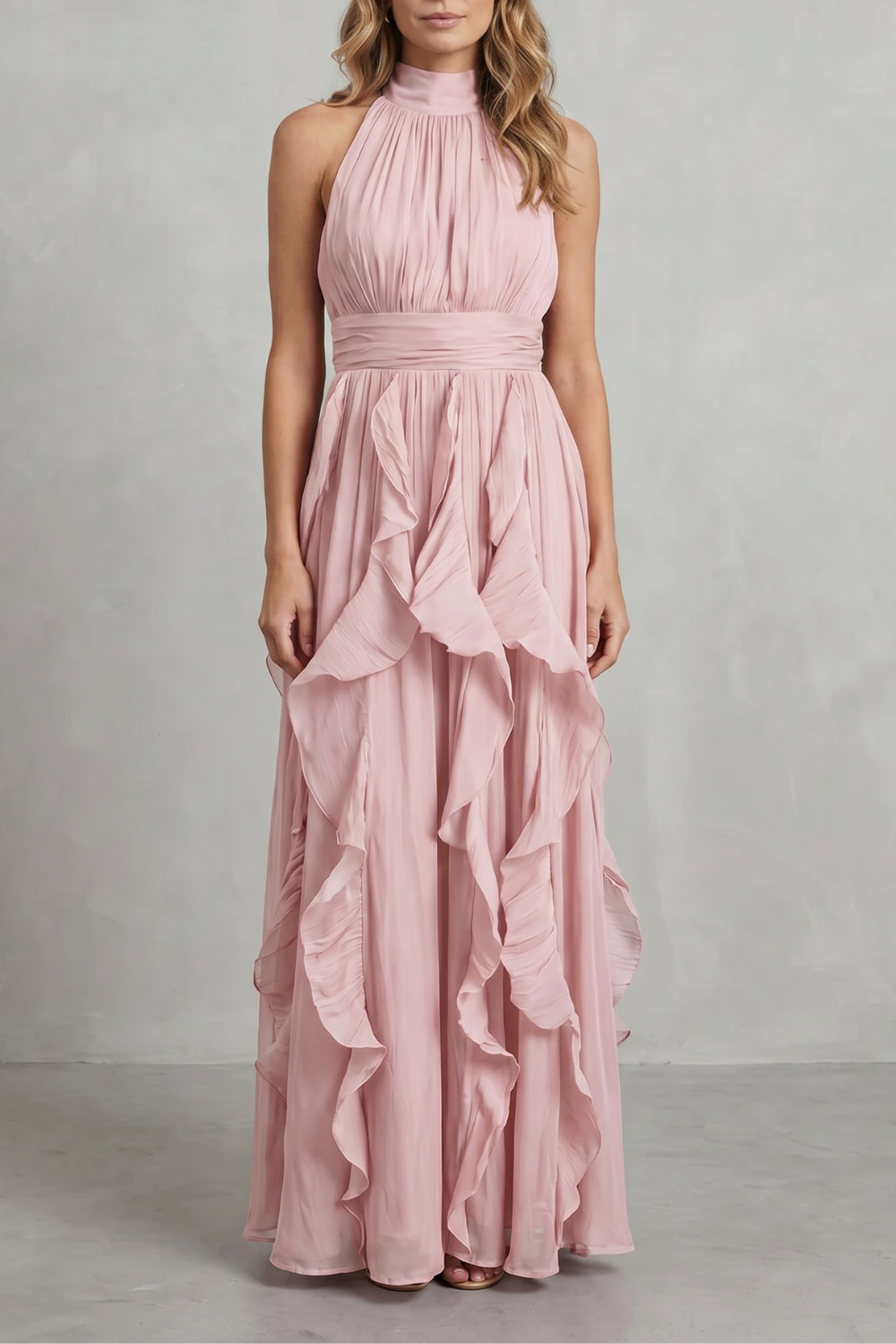 Camille | Women's Chiffon Halter Ruffle Maxi Dress