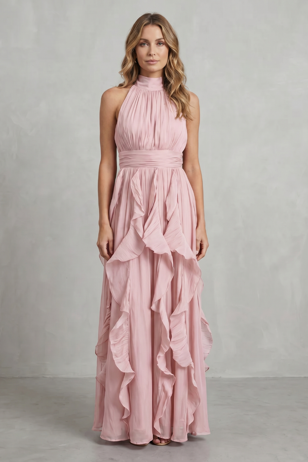 Camille | Women's Chiffon Halter Ruffle Maxi Dress