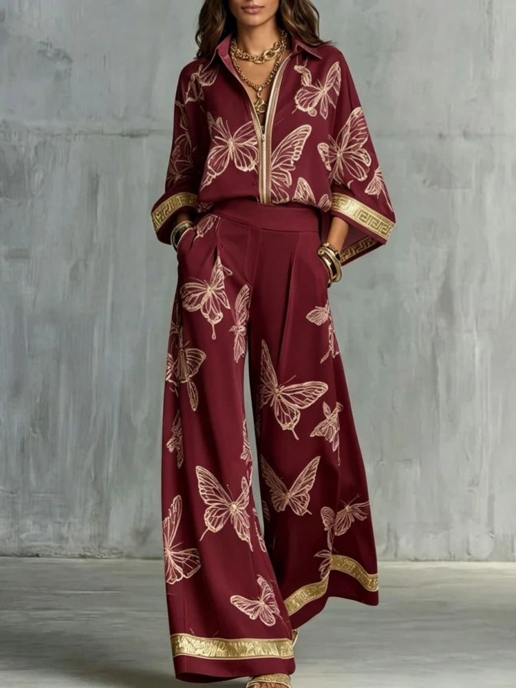 Josephine | Butterfly Print Wide-Leg Shirt Set