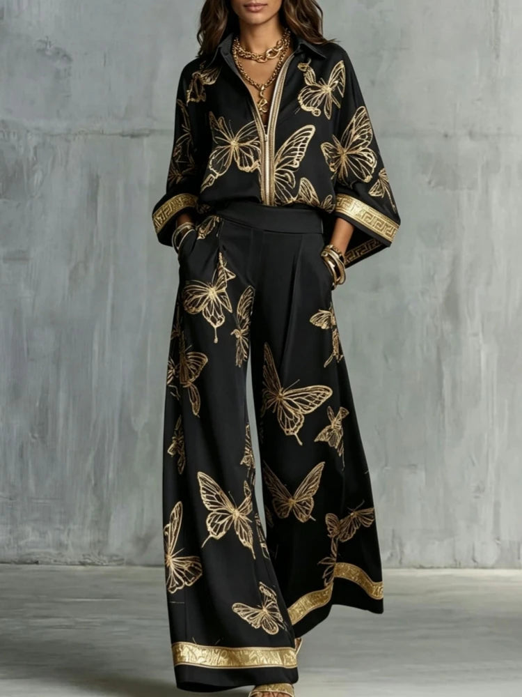 Josephine | Butterfly Print Wide-Leg Shirt Set