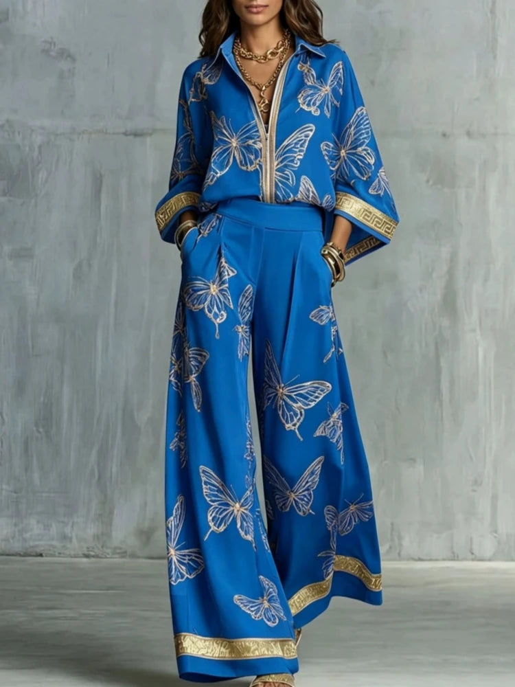 Josephine | Butterfly Print Wide-Leg Shirt Set