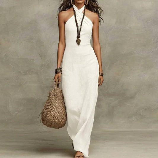 Oriane | Halter Criss-Cross Linen Maxi Dress