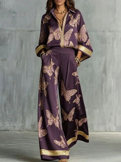 Josephine | Butterfly Print Wide-Leg Shirt Set