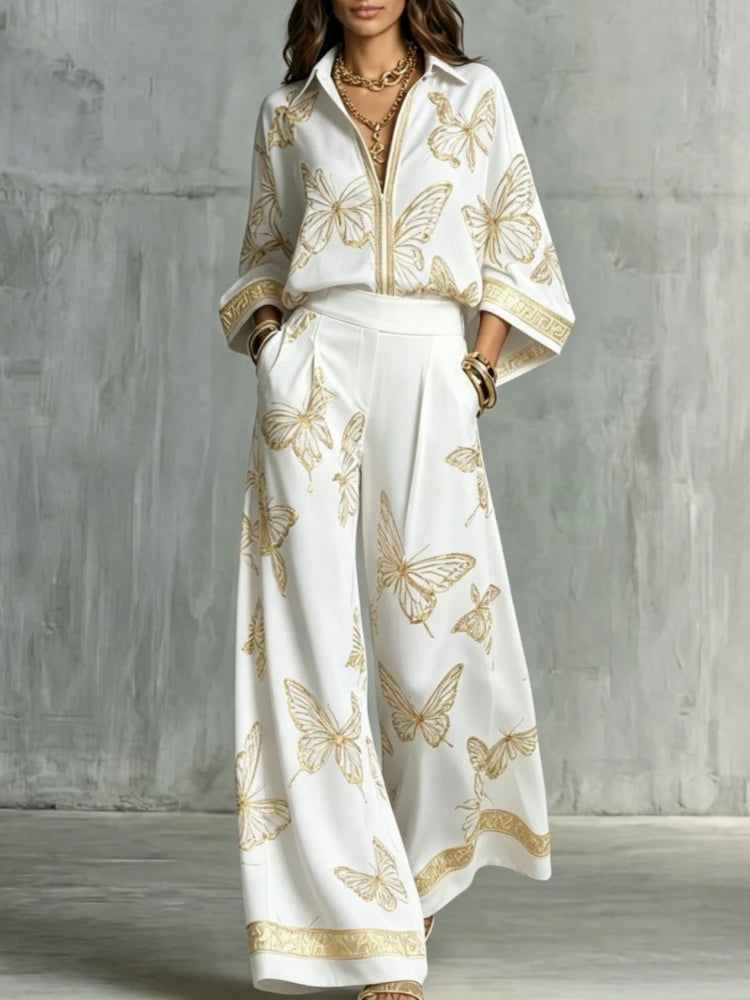 Josephine | Butterfly Print Wide-Leg Shirt Set