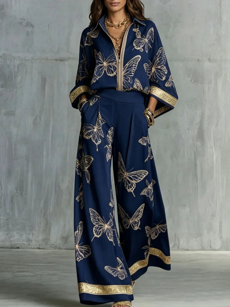 Josephine | Butterfly Print Wide-Leg Shirt Set
