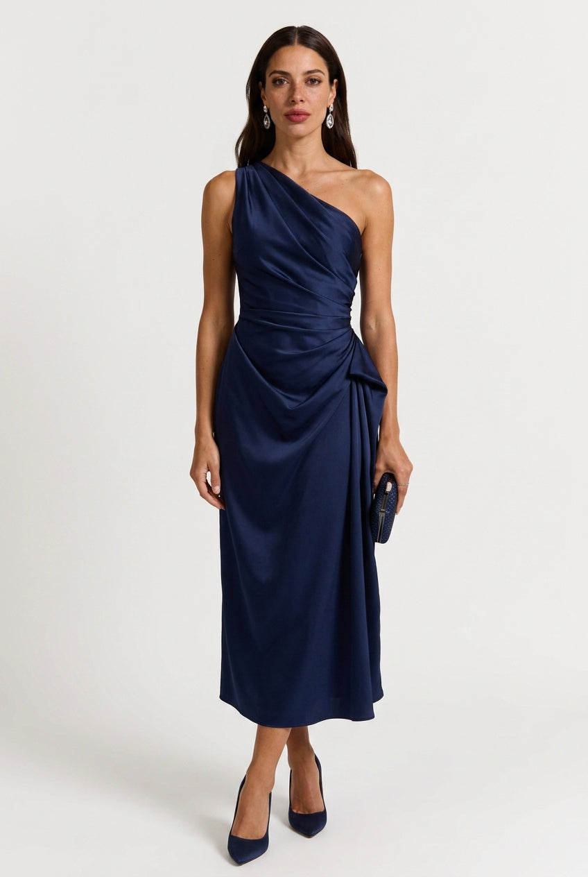 Gabrielle | Women's One Shoulder Ruched Midi Dress