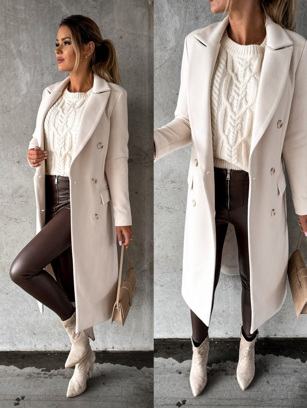 Celviane | Long Wool Blend Coat Notched Lapel