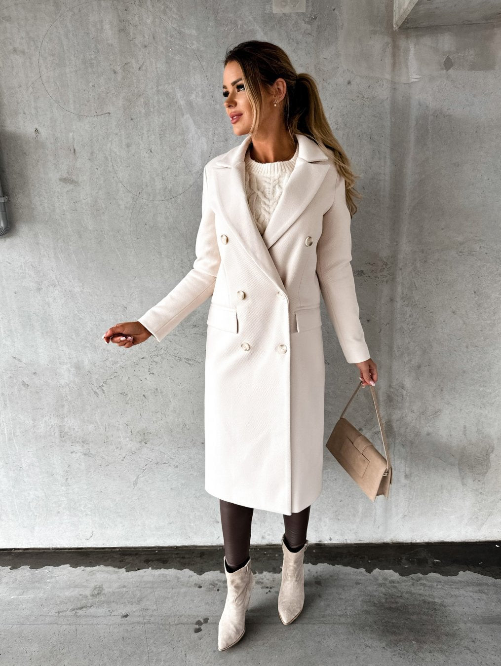 Celviane | Long Wool Blend Coat Notched Lapel