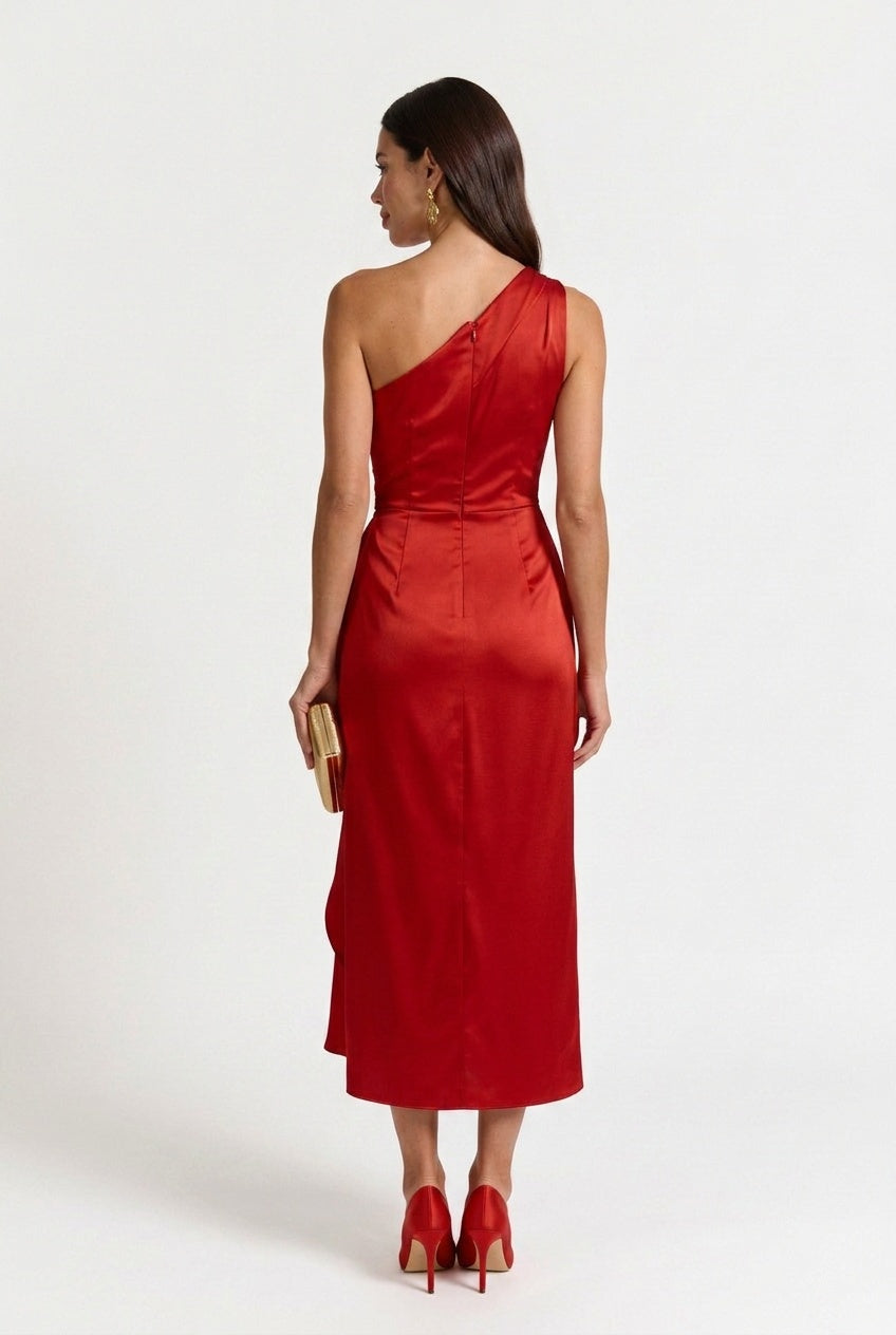 Gabrielle | Women's One Shoulder Ruched Midi Dress