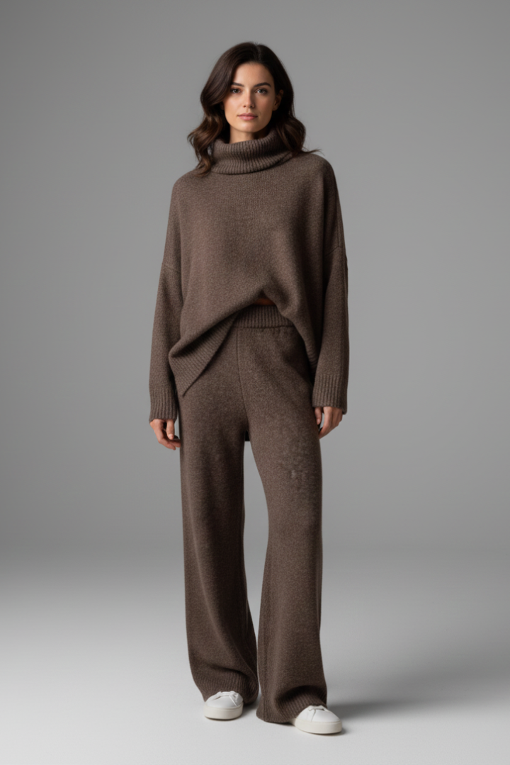 Serelune | Elegant Knit Two Piece Set with Polo Neck and Wide Leg Trousers