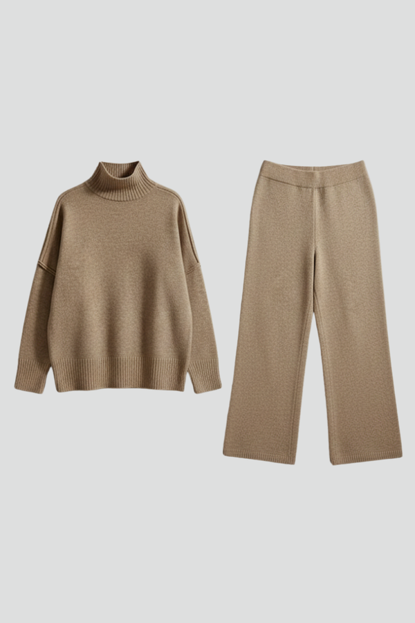 Serelune | Elegant Knit Two Piece Set with Polo Neck and Wide Leg Trousers