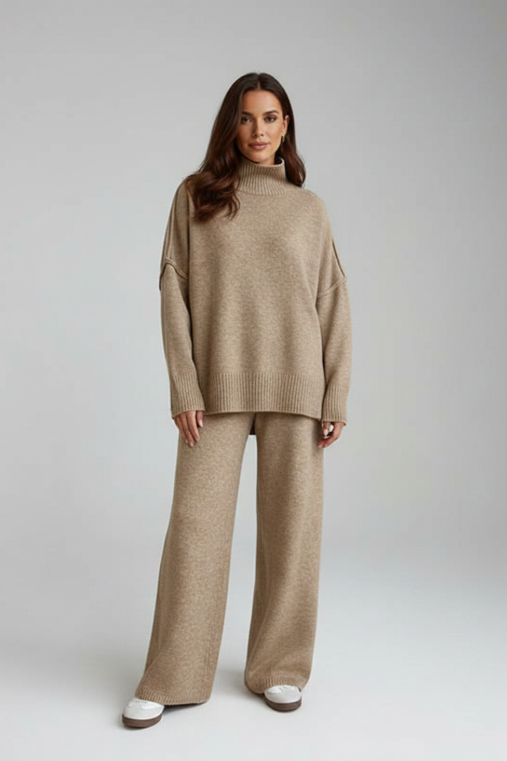 Serelune | Elegant Knit Two Piece Set with Polo Neck and Wide Leg Trousers