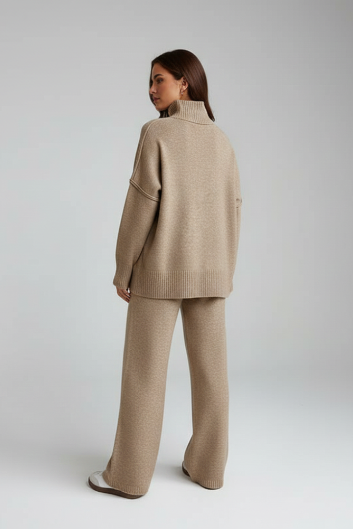 Serelune | Elegant Knit Two Piece Set with Polo Neck and Wide Leg Trousers