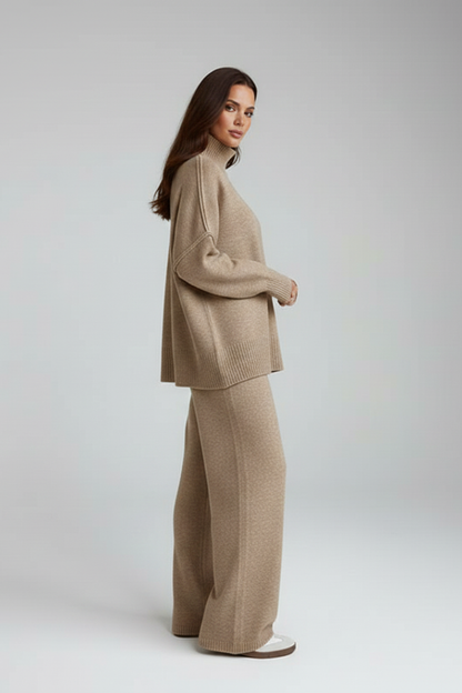 Serelune | Elegant Knit Two Piece Set with Polo Neck and Wide Leg Trousers