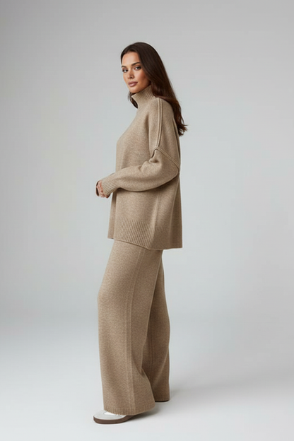 Serelune | Elegant Knit Two Piece Set with Polo Neck and Wide Leg Trousers
