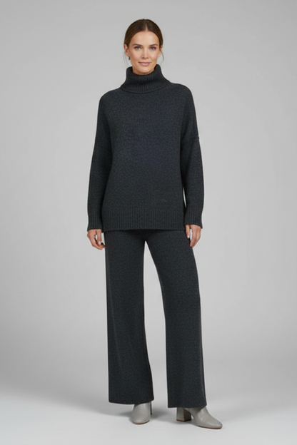 Serelune | Elegant Knit Two Piece Set with Polo Neck and Wide Leg Trousers