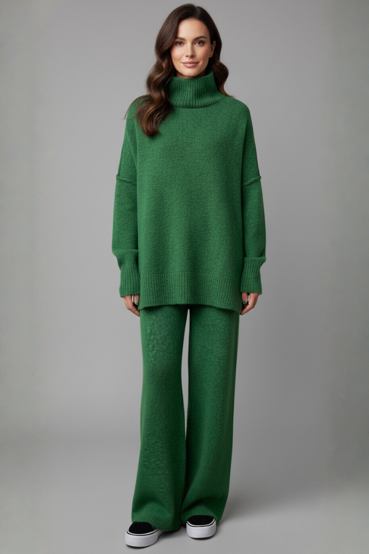 Serelune | Elegant Knit Two Piece Set with Polo Neck and Wide Leg Trousers