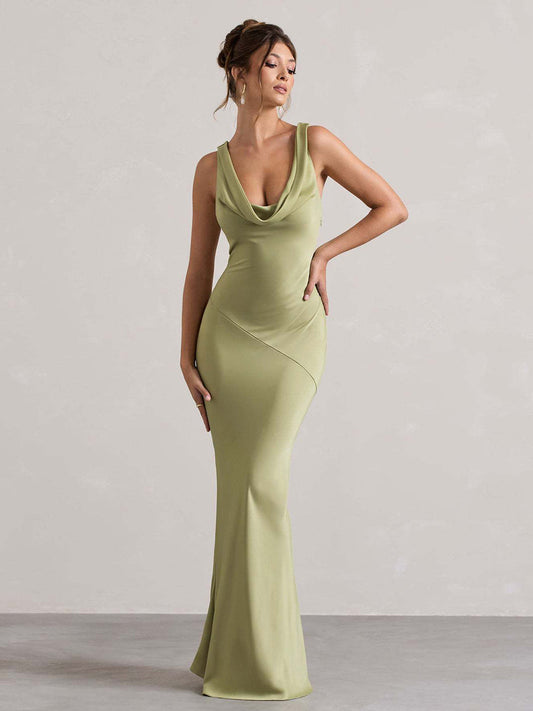 Perle | Draped Neck Backless Sleeveless Maxi Dress