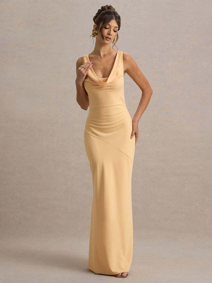 Perle | Draped Neck Backless Sleeveless Maxi Dress