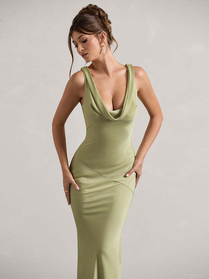 Perle | Draped Neck Backless Sleeveless Maxi Dress
