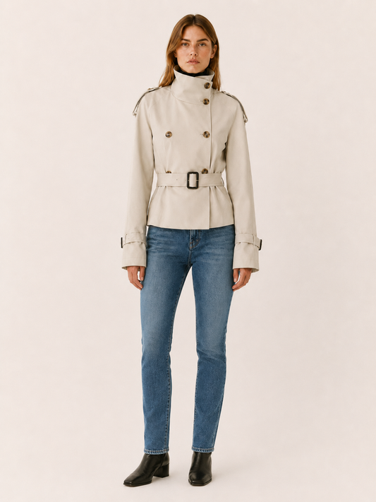 Adrienne | Double-Breasted High Collar Belted Short Trench Coat