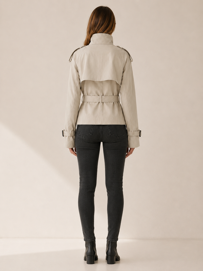 Adrienne | Double-Breasted High Collar Belted Short Trench Coat